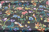 Tabita Noir Cotton Fabric - Birds, Butterflies, Green Palm Branches On Noir Black Background, 54" Width, 27" Vertical Repeat (1 Yard)
