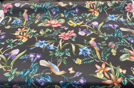 Tabita Noir Cotton Fabric - Birds, Butterflies, Green Palm Branches On Noir Black Background, 54" Width, 27" Vertical Repeat (1 Yard)