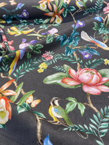 Tabita Noir Cotton Fabric - Birds, Butterflies, Green Palm Branches On Noir Black Background, 54" Width, 27" Vertical Repeat (1 Yard)