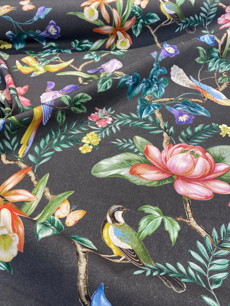 Tabita Noir Cotton Fabric - Birds, Butterflies, Green Palm Branches On Noir Black Background, 54" Width, 27" Vertical Repeat (1 Yard)