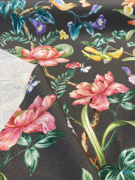 Tabita Noir Cotton Fabric - Birds, Butterflies, Green Palm Branches On Noir Black Background, 54" Width, 27" Vertical Repeat (1 Yard)