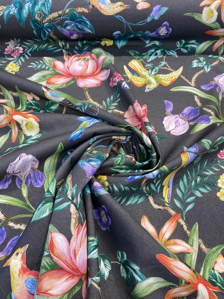 Tabita Noir Cotton Fabric - Birds, Butterflies, Green Palm Branches On Noir Black Background, 54" Width, 27" Vertical Repeat (1 Yard)
