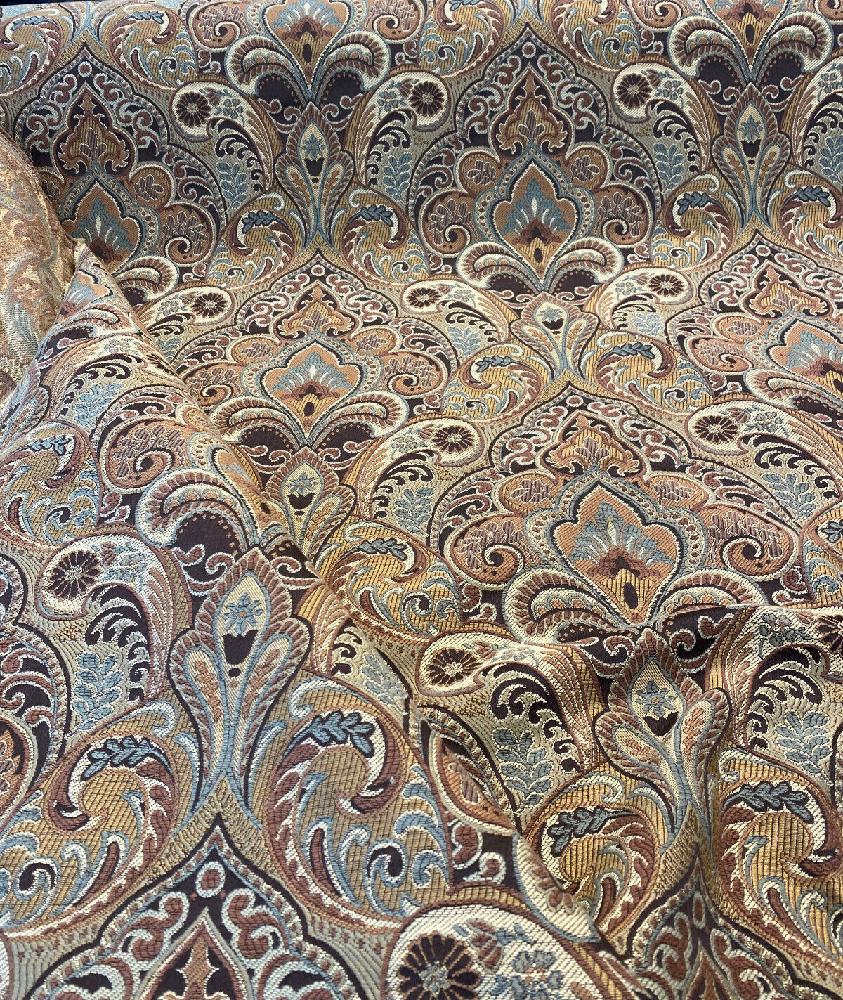 Gold Chinaisa Chenille Upholstery Fabric - Gold Beige Brown Bronze Ivory Damask Pattern, 55" Width (1 Yard)