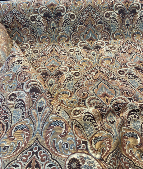Gold Chinaisa Chenille Upholstery Fabric - Gold Beige Brown Bronze Ivory Damask Pattern, 55" Width (1 Yard)