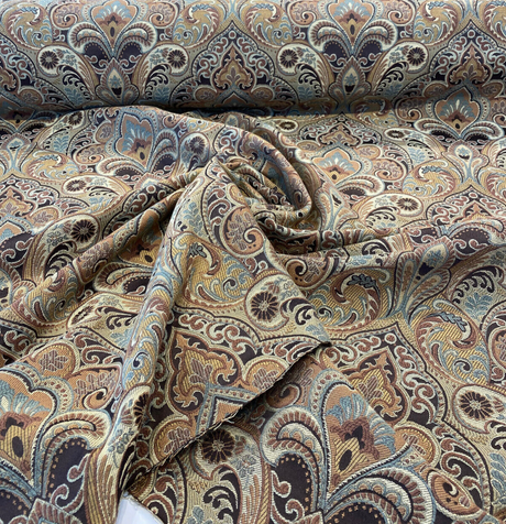 Gold Chinaisa Chenille Upholstery Fabric - Gold Beige Brown Bronze Ivory Damask Pattern, 55" Width (1 Yard)