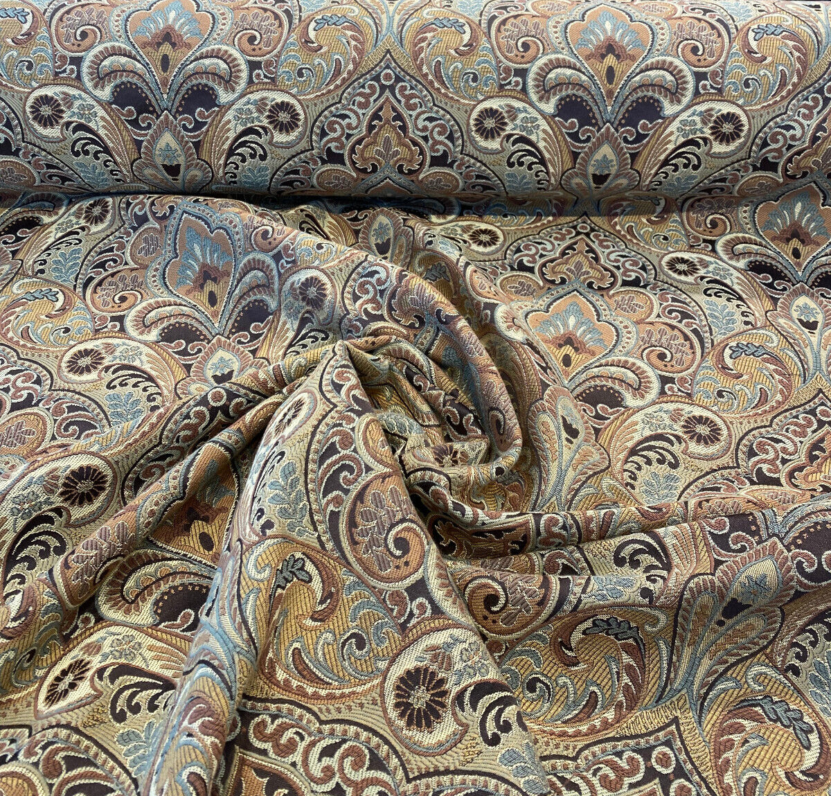 Gold Chinaisa Chenille Upholstery Fabric - Gold Beige Brown Bronze Ivory Damask Pattern, 55" Width (1 Yard)