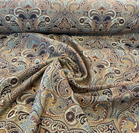Gold Chinaisa Chenille Upholstery Fabric - Gold Beige Brown Bronze Ivory Damask Pattern, 55" Width (1 Yard)