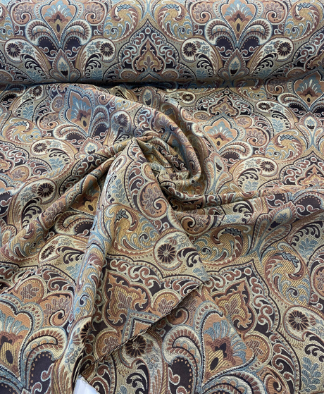 Gold Chinaisa Chenille Upholstery Fabric - Gold Beige Brown Bronze Ivory Damask Pattern, 55" Width (1 Yard)