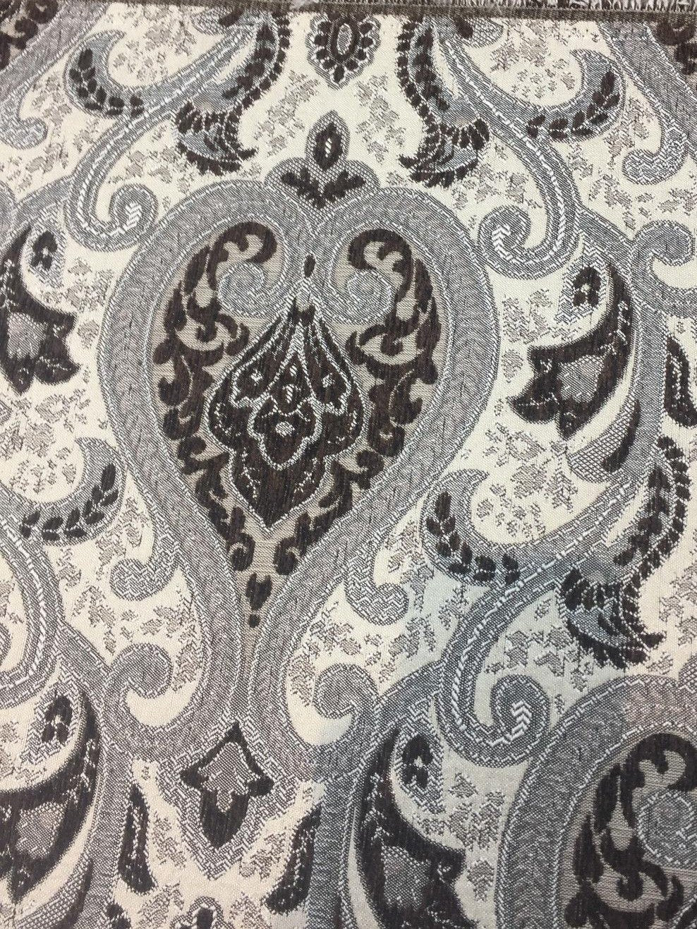 Santa Monica Chenille Upholstery Fabric - Dark Brown Silver Damask, 56" Width (By The Yard)