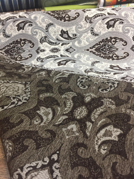 Santa Monica Chenille Upholstery Fabric - Dark Brown Silver Damask, 56" Width (By The Yard)
