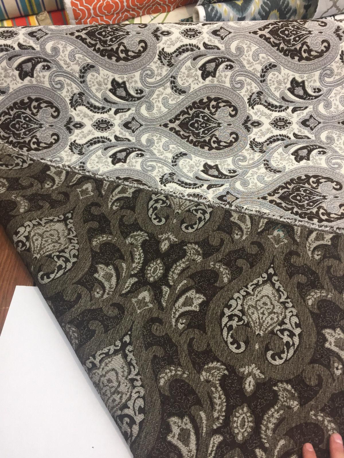 Santa Monica Chenille Upholstery Fabric - Dark Brown Silver Damask, 56" Width (By The Yard)