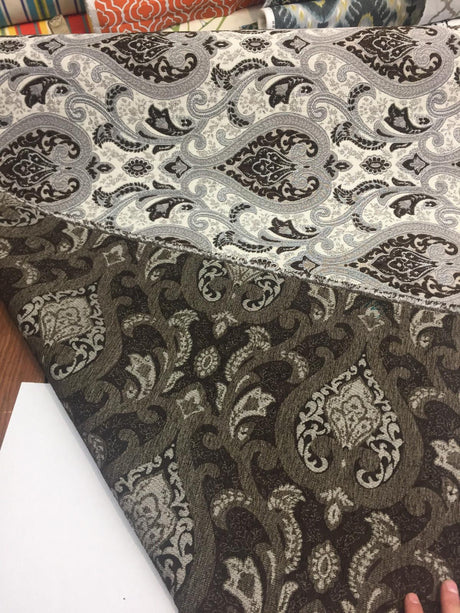 Santa Monica Chenille Upholstery Fabric - Dark Brown Silver Damask, 56" Width (By The Yard)