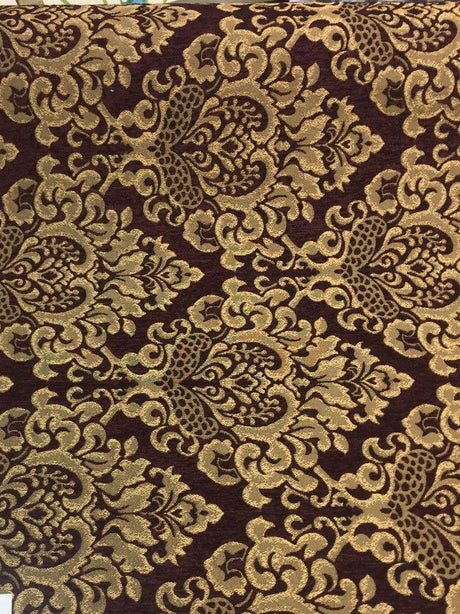 Cleopatra Chenille Upholstery Fabric - Wine Gold Damask, 56" Width (1 Yard)