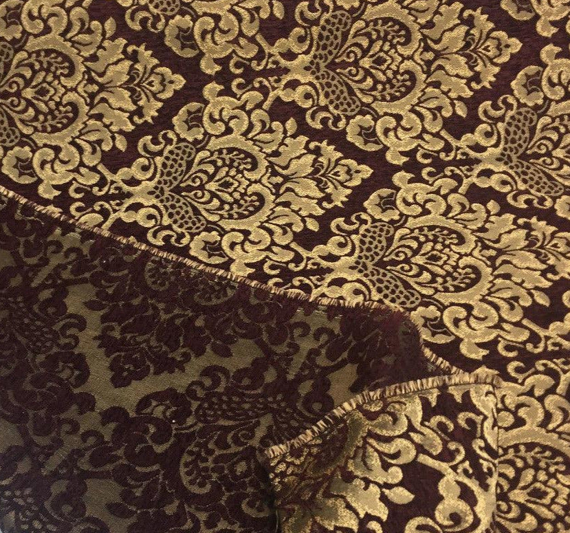 Cleopatra Chenille Upholstery Fabric - Wine Gold Damask, 56" Width (1 Yard)