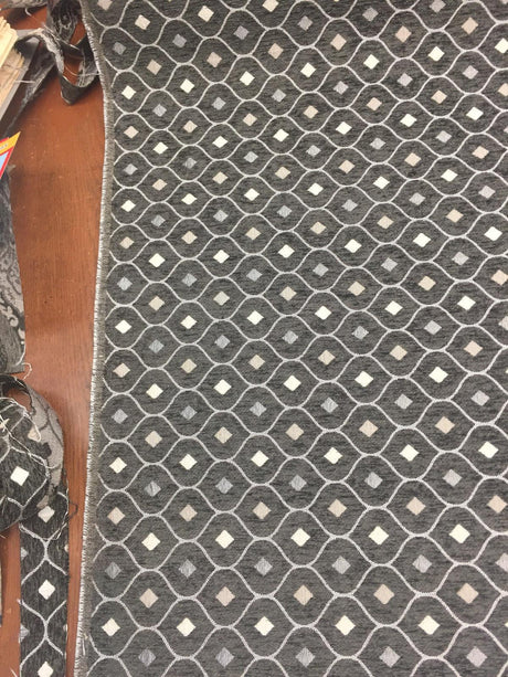Charcoal Silver Diamond Chenille Upholstery Fabric - Charcoal Silver Diamond Pattern, 56" Width (1 Yard)