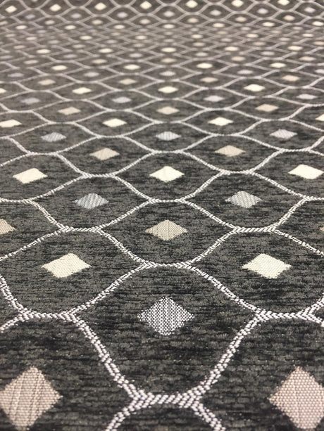 Charcoal Silver Diamond Chenille Upholstery Fabric - Charcoal Silver Diamond Pattern, 56" Width (1 Yard)
