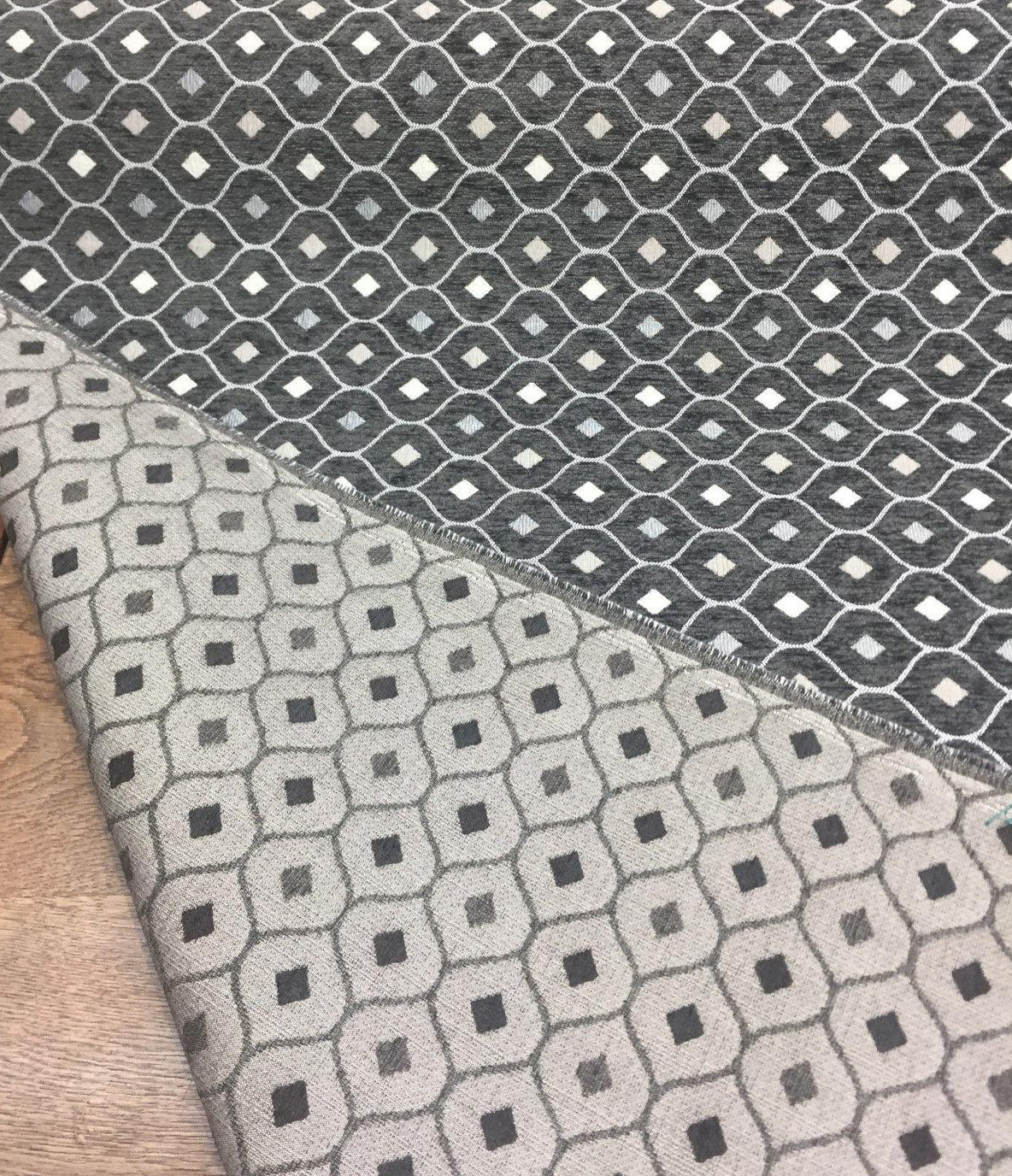 Charcoal Silver Diamond Chenille Upholstery Fabric - Charcoal Silver Diamond Pattern, 56" Width (1 Yard)