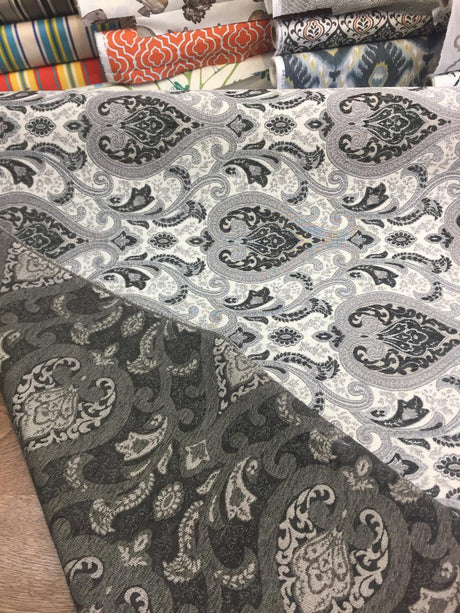 Charcoal Damask Chenille Fabric - Charcoal Damask Pattern, 56" Width (1 Yard)