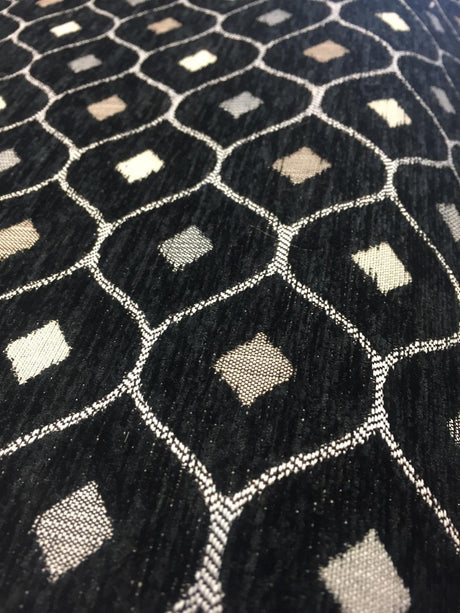 Black Silver Diamond Chenille Upholstery Fabric - Black Silver Diamond Pattern, 56" Width (1 Yard)