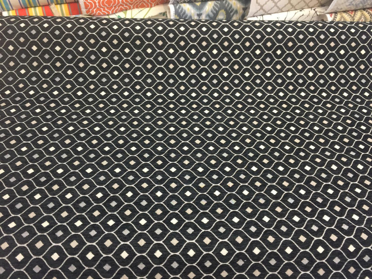 Black Silver Diamond Chenille Upholstery Fabric - Black Silver Diamond Pattern, 56" Width (1 Yard)
