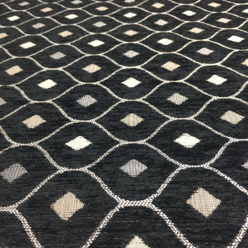Black Silver Diamond Chenille Upholstery Fabric - Black Silver Diamond Pattern, 56" Width (1 Yard)
