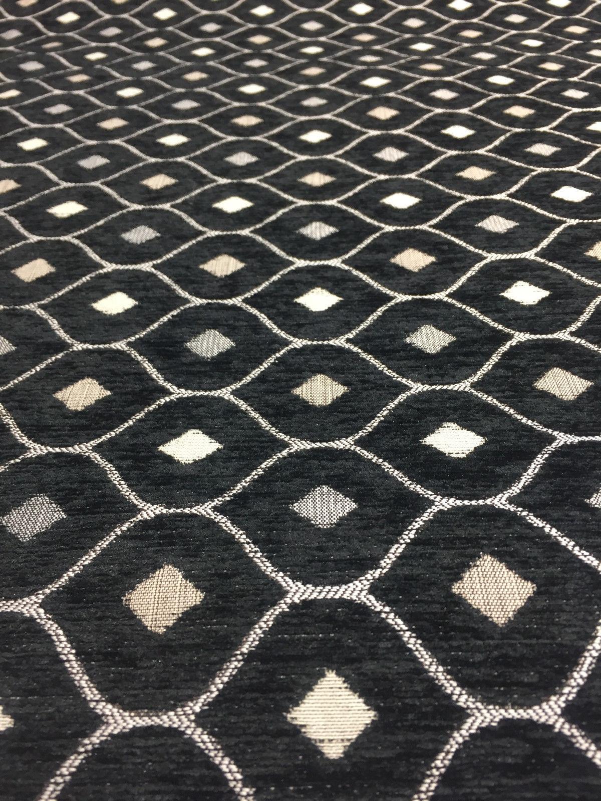 Black Silver Diamond Chenille Upholstery Fabric - Black Silver Diamond Pattern, 56" Width (1 Yard)