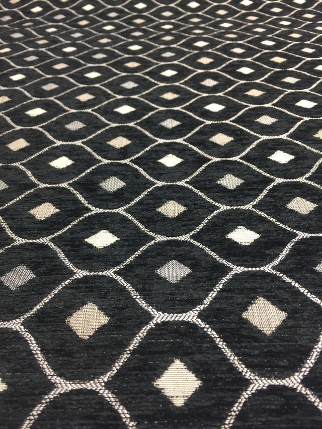 Black Silver Diamond Chenille Upholstery Fabric - Black Silver Diamond Pattern, 56" Width (1 Yard)