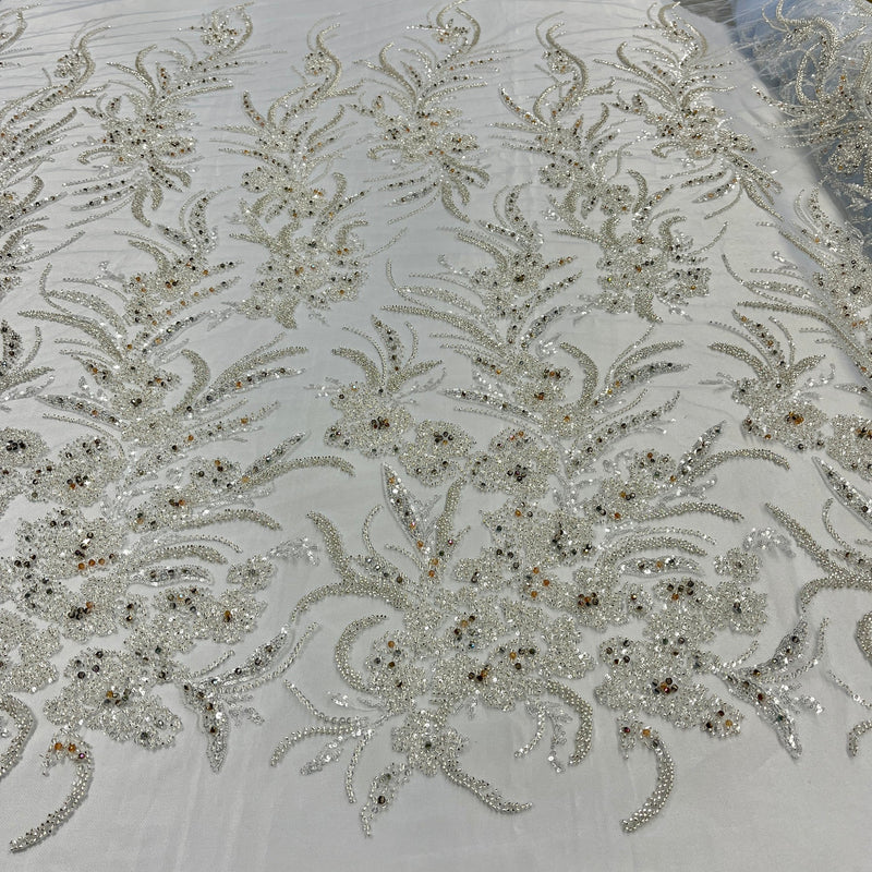 1 Yard Light Blue Beaded Lace Embroidered Fabric, Polyester Net Mesh, 50” Wide