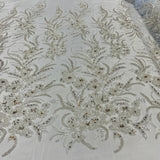 Beaded Lace Fabric Embroidered On 100 Percent Polyester Net Mesh - Lt. Blue, Ice Blue, Champagne, Nude, 50" Width (1 Yard)