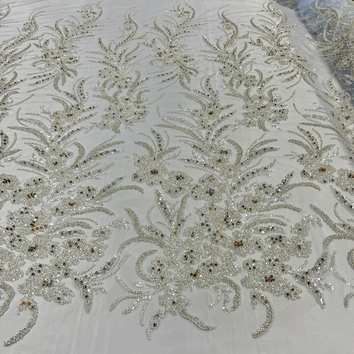 Beaded Lace Fabric on Polyester Net Mesh