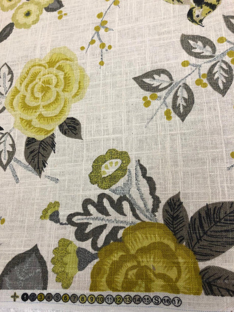 Richloom Bountiful Dandelion Cotton Fabric - Grey Yellow Green Floral Bird, 54" Width (1 Yard)