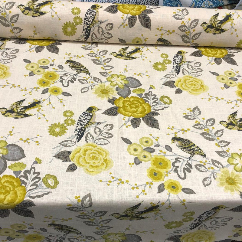 Richloom Bountiful Dandelion Cotton Fabric - Grey Yellow Green Floral Bird, 54" Width (1 Yard)