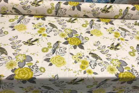 Richloom Bountiful Dandelion Cotton Fabric - Grey Yellow Green Floral Bird, 54" Width (1 Yard)