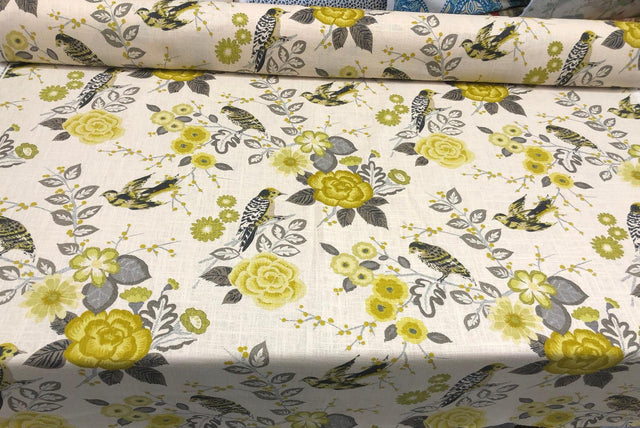 Richloom Bountiful Dandelion Cotton Fabric - Grey Yellow Green Floral Bird, 54" Width (1 Yard)