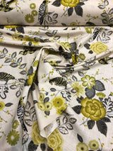 Richloom Bountiful Dandelion Cotton Fabric - Grey Yellow Green Floral Bird, 54" Width (1 Yard)
