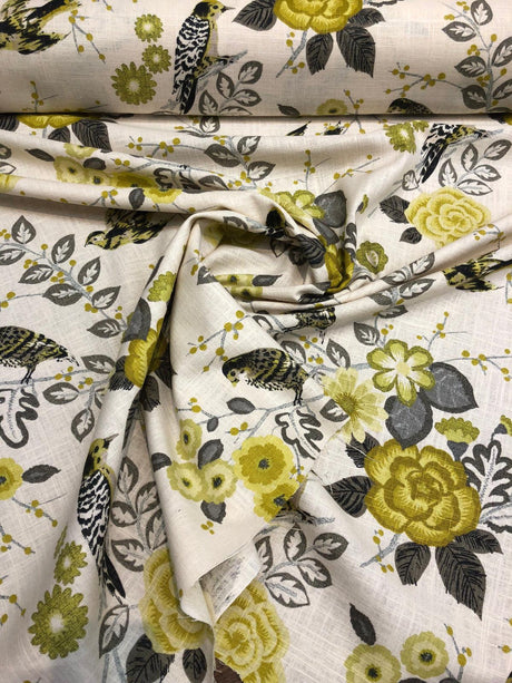 Richloom Bountiful Dandelion Cotton Fabric - Grey Yellow Green Floral Bird, 54" Width (1 Yard)