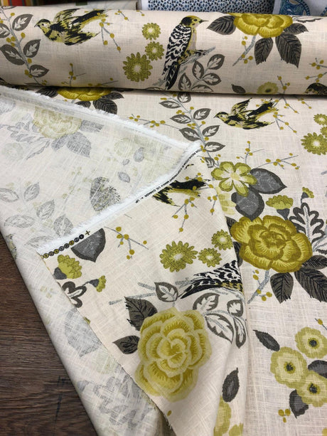 Richloom Bountiful Dandelion Cotton Fabric - Grey Yellow Green Floral Bird, 54" Width (1 Yard)