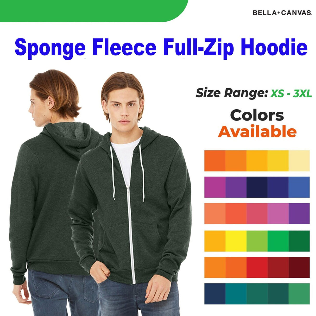 Bella + Canvas® Sponge Fleece Full-Zip Hoodie Sweatshirt