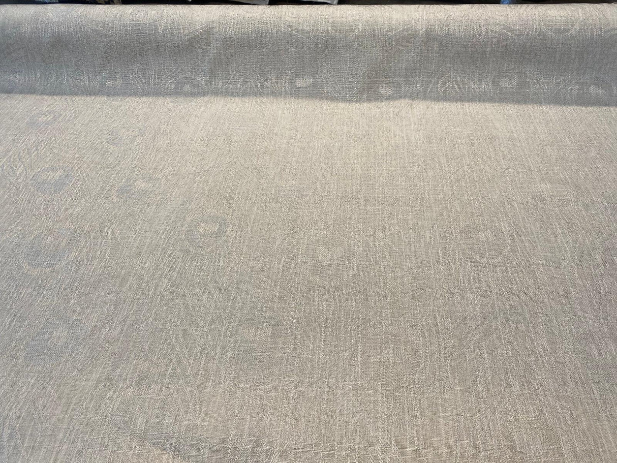 Cream Peacock Feather Finch Polyester Fabric - Linen Damask Jacquard, 55" Width, 13.75" Horizontal Repeat, 11.5" Vertical Repeat (1 Yard)