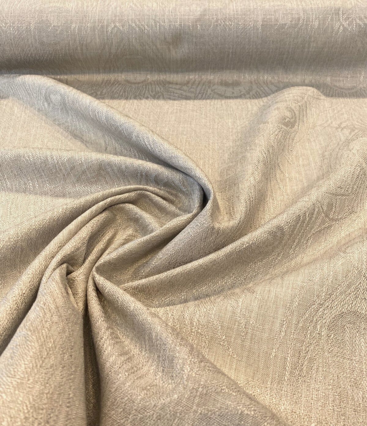 Cream Peacock Feather Finch Polyester Fabric - Linen Damask Jacquard, 55" Width, 13.75" Horizontal Repeat, 11.5" Vertical Repeat (1 Yard)