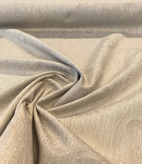Cream Peacock Feather Finch Polyester Fabric - Linen Damask Jacquard, 55" Width, 13.75" Horizontal Repeat, 11.5" Vertical Repeat (1 Yard)
