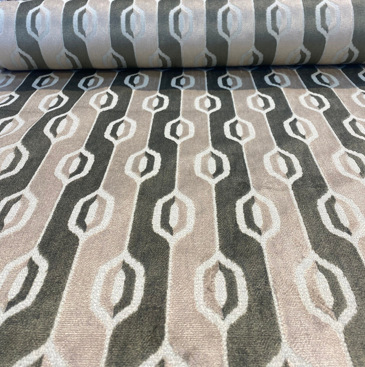 Belgian Velvet Paxton Fawn Beige Stripe Upholstery Fabric - Fawn Beige, Ogee Stripe, 54" Width (1 Yard)