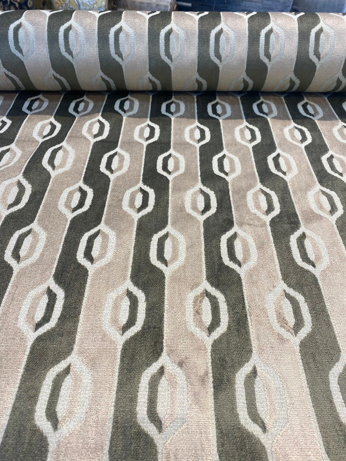 Belgian Velvet Paxton Fawn Beige Stripe Upholstery Fabric - Fawn Beige, Ogee Stripe, 54" Width (1 Yard)
