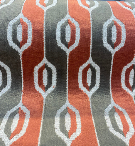 Paxton Bittersweet Belgian Velvet Fabric - Brick Rust, Taupe, Dark Taupe Ogee Stripe, 54" Width (By The Yard)