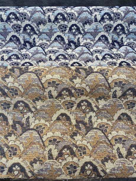 Stark Landscape Blue Chenille Tapestry Fabric - Navy Blue, Light Blue, Beige, 54" Width (By The Yard)