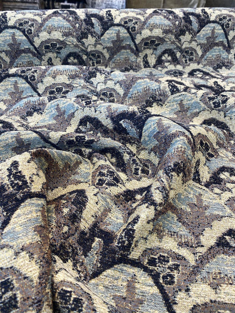 Stark Landscape Blue Chenille Tapestry Fabric - Navy Blue, Light Blue, Beige, 54" Width (By The Yard)