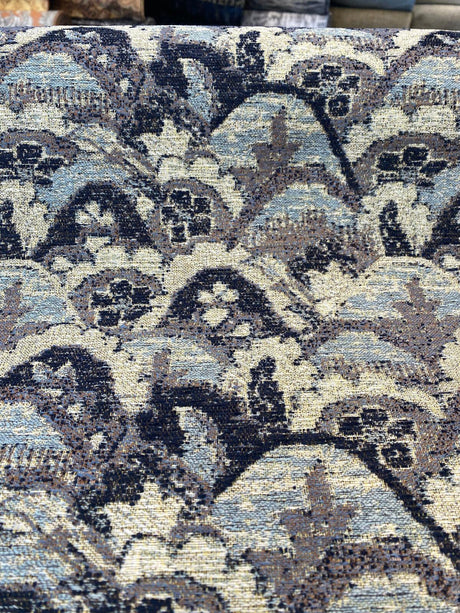 Stark Landscape Blue Chenille Tapestry Fabric - Navy Blue, Light Blue, Beige, 54" Width (By The Yard)