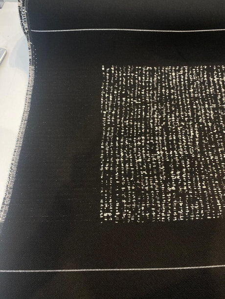 Sunbrella Soft Chenille Drift Onyx Black Solution Dyed Acrylic Fabric - Off White, Large Horizontal Repeat, 56" Width (1 Yard)