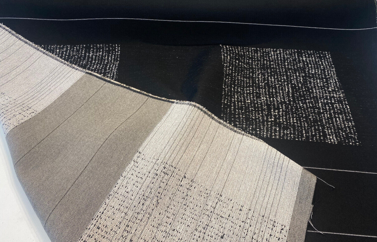 Sunbrella Soft Chenille Drift Onyx Black Solution Dyed Acrylic Fabric - Off White, Large Horizontal Repeat, 56" Width (1 Yard)