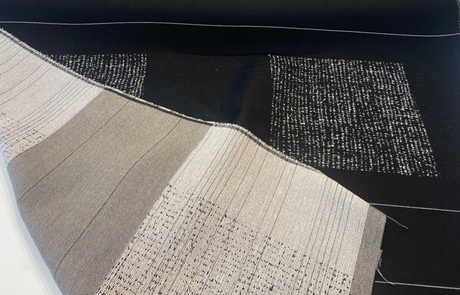 Sunbrella Soft Chenille Drift Onyx Black Solution Dyed Acrylic Fabric - Off White, Large Horizontal Repeat, 56" Width (1 Yard)